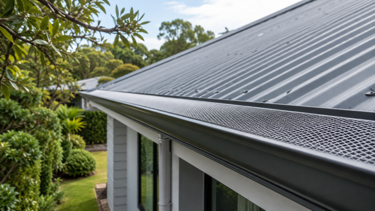 Rainwater flowing through a protected gutter